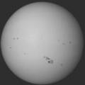 � B. K�hne; Sonne mit ''Monsterfleck'' am 23.03.01, 5'' Mak.-Newton, Okularprojektion mit 15 mm Pl�ssl, 1/60 sek., Grauscan